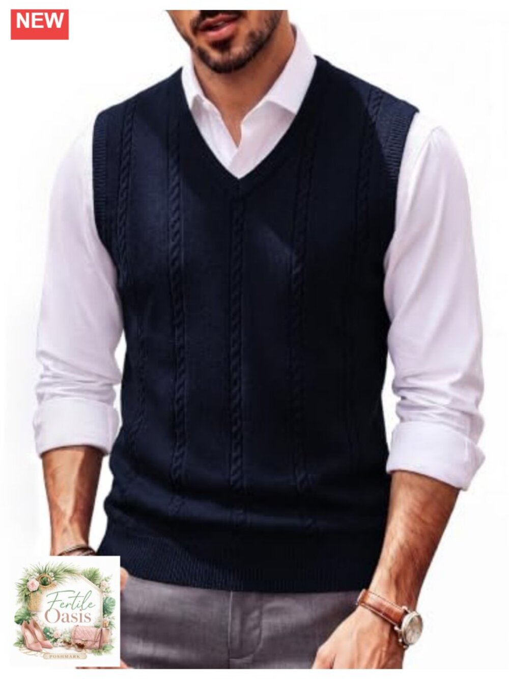 Men's Cable Knit V-Neck Sleeveless Sweater Vest 80% Polyester